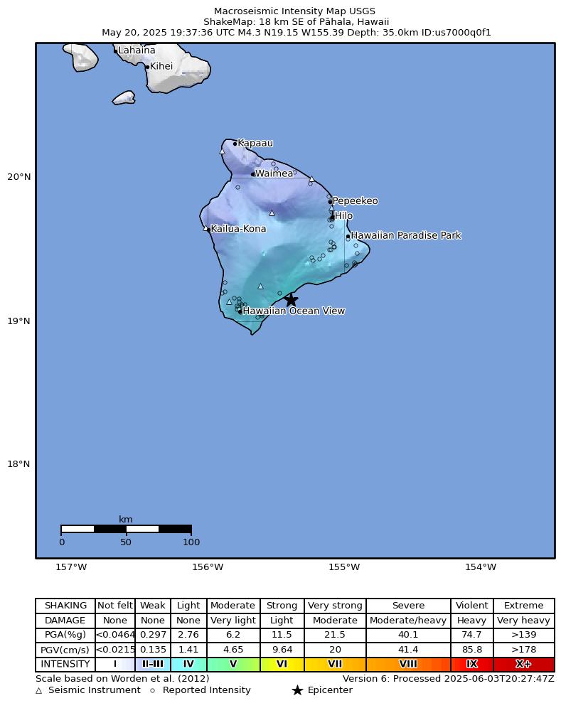 USGS ShakeMap intensity contours for the M4.2 earthquake near 18 km SE of Pāhala, Hawaii