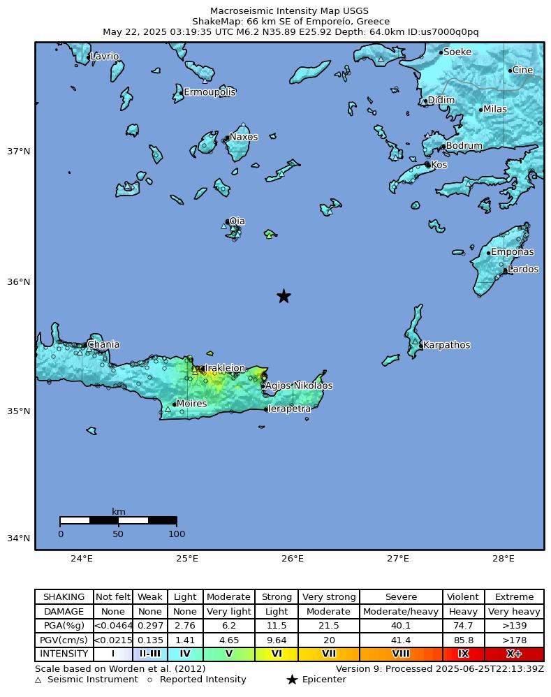 USGS ShakeMap intensity contours for the M6.2 earthquake near 66 km SE of Emporeío, Greece