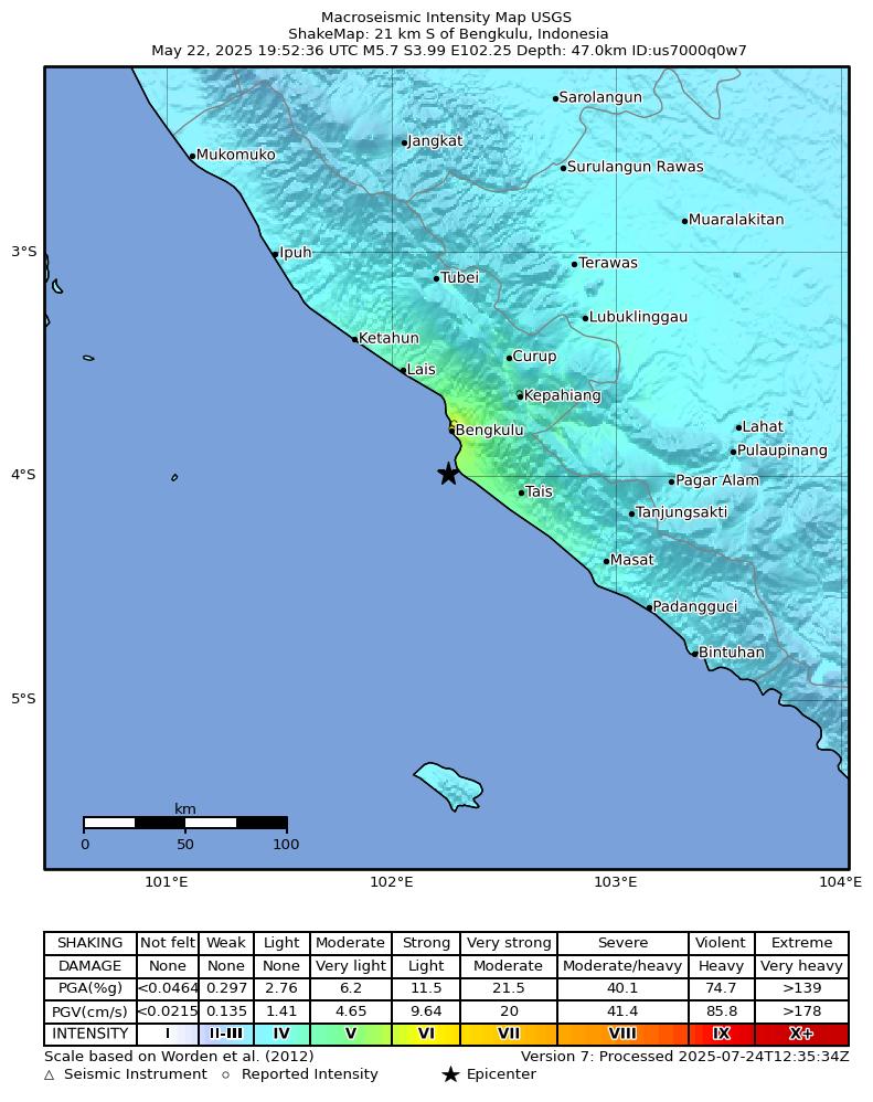 USGS ShakeMap intensity contours for the M5.7 earthquake near 21 km S of Bengkulu, Indonesia