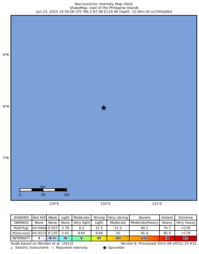 USGS ShakeMap intensity contours for the M6.2 earthquake near east of the Philippine Islands