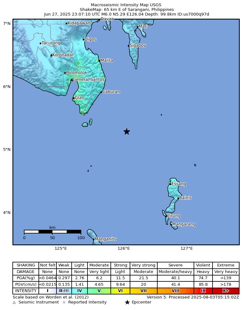 USGS ShakeMap intensity contours for the M6.0 earthquake near 65 km E of Sarangani, Philippines