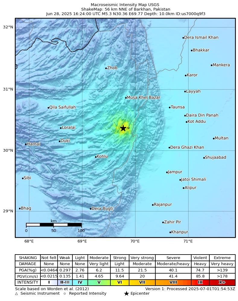 USGS ShakeMap intensity contours for the M5.2 earthquake near 56 km NNE of Barkhan, Pakistan
