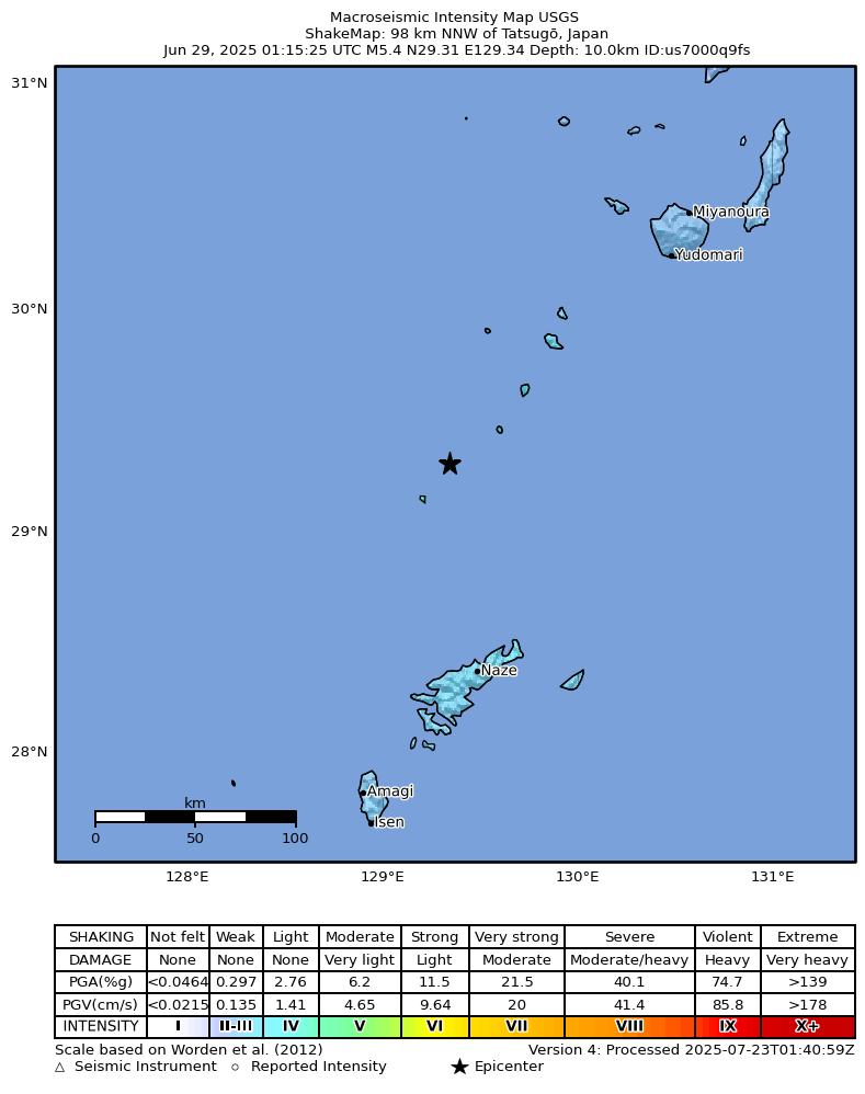 USGS ShakeMap intensity contours for the M5.4 earthquake near 98 km NNW of Tatsugō, Japan