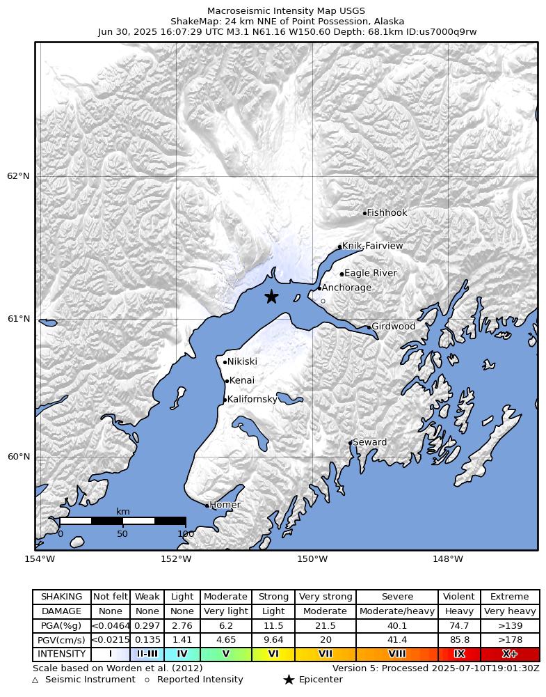 USGS ShakeMap: estimated shaking intensity around the epicenter