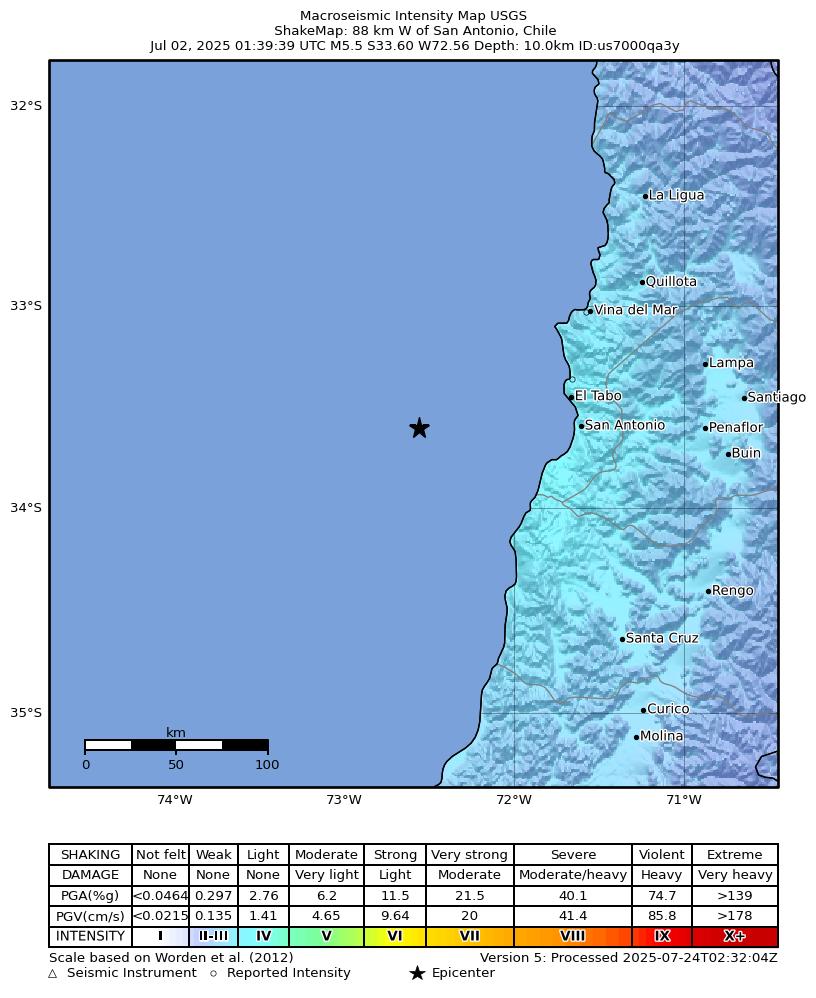 USGS ShakeMap intensity contours for the M5.5 earthquake near 88 km W of San Antonio, Chile