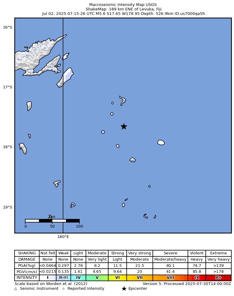 USGS ShakeMap intensity contours for the M5.6 earthquake near 189 km ENE of Levuka, Fiji
