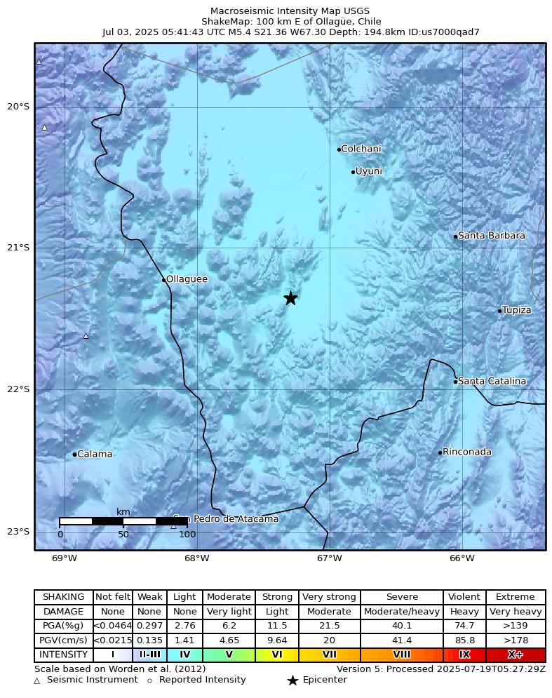 USGS ShakeMap intensity contours for the M5.4 earthquake near 100 km E of Ollagüe, Chile