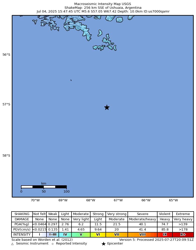 USGS ShakeMap intensity contours for the M5.6 earthquake near 256 km SSE of Ushuaia, Argentina