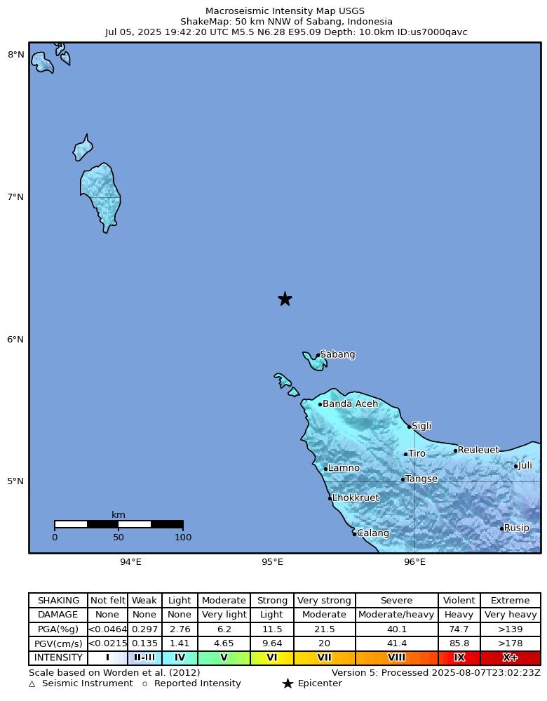 USGS ShakeMap intensity contours for the M5.5 earthquake near 50 km NNW of Sabang, Indonesia