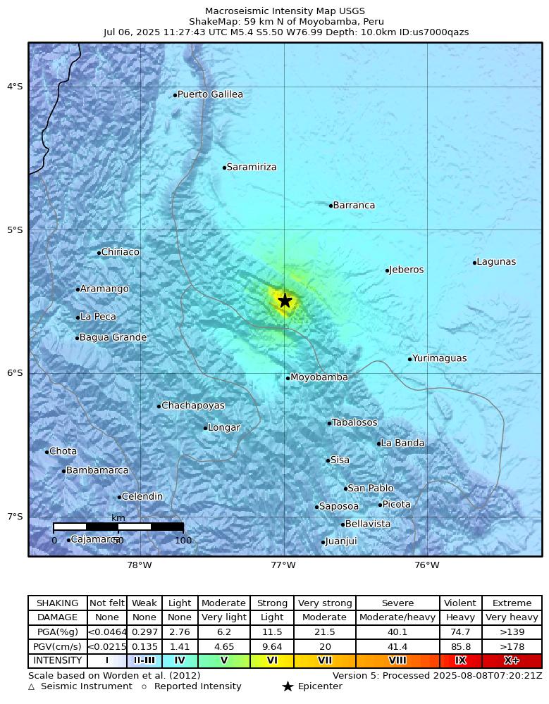 USGS ShakeMap intensity contours for the M5.1 earthquake near 53 km N of Moyobamba, Peru