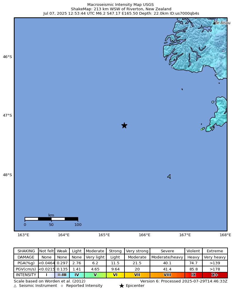 USGS ShakeMap intensity contours for the M6.2 earthquake near 213 km WSW of Riverton, New Zealand