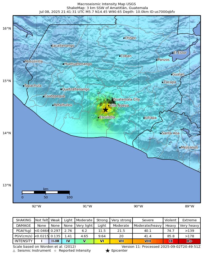 USGS ShakeMap intensity contours for the M5.7 earthquake near 3 km SSW of Amatitlán, Guatemala