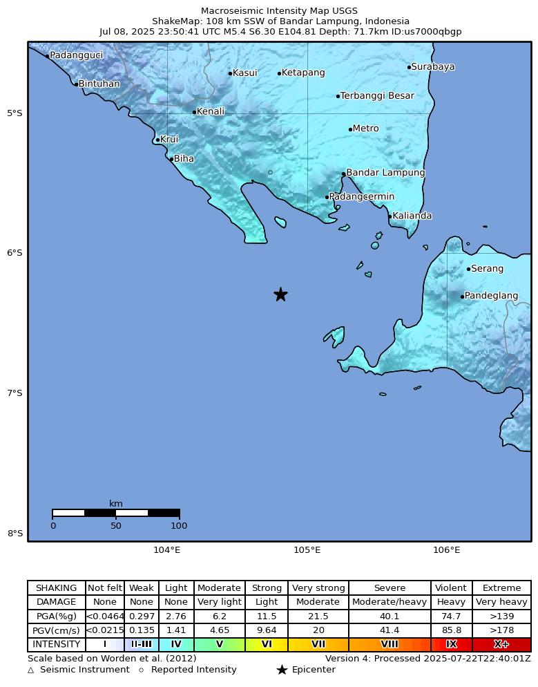 USGS ShakeMap intensity contours for the M5.1 earthquake near 107 km SSW of Bandar Lampung, Indonesia