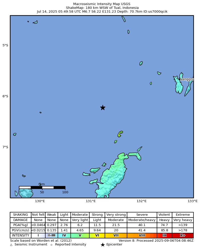 USGS ShakeMap intensity contours for the M6.7 earthquake near 180 km WSW of Tual, Indonesia