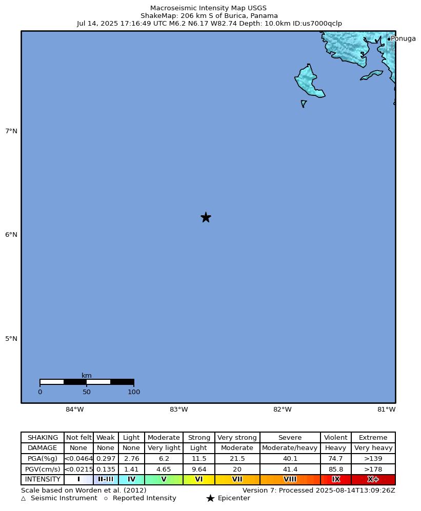 USGS ShakeMap intensity contours for the M6.2 earthquake near 206 km S of Burica, Panama
