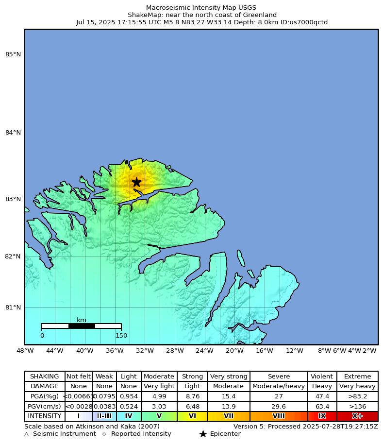 USGS ShakeMap intensity contours for the M5.8 earthquake near near the north coast of Greenland