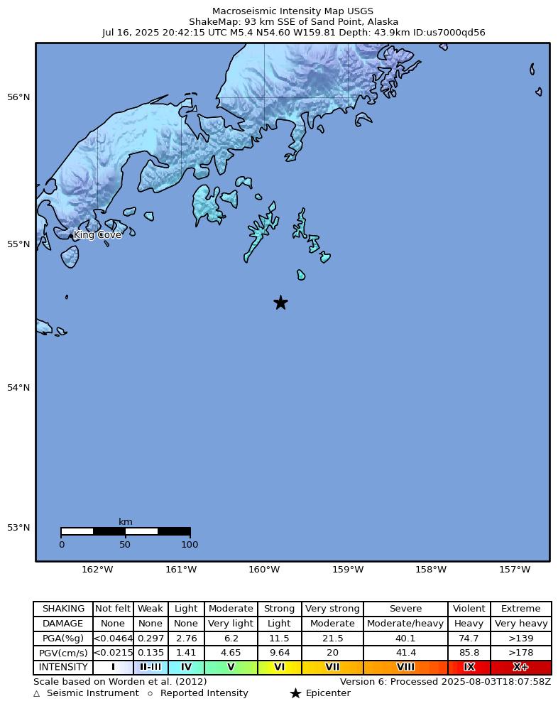 USGS ShakeMap intensity contours for the M5.4 earthquake near 93 km SSE of Sand Point, Alaska