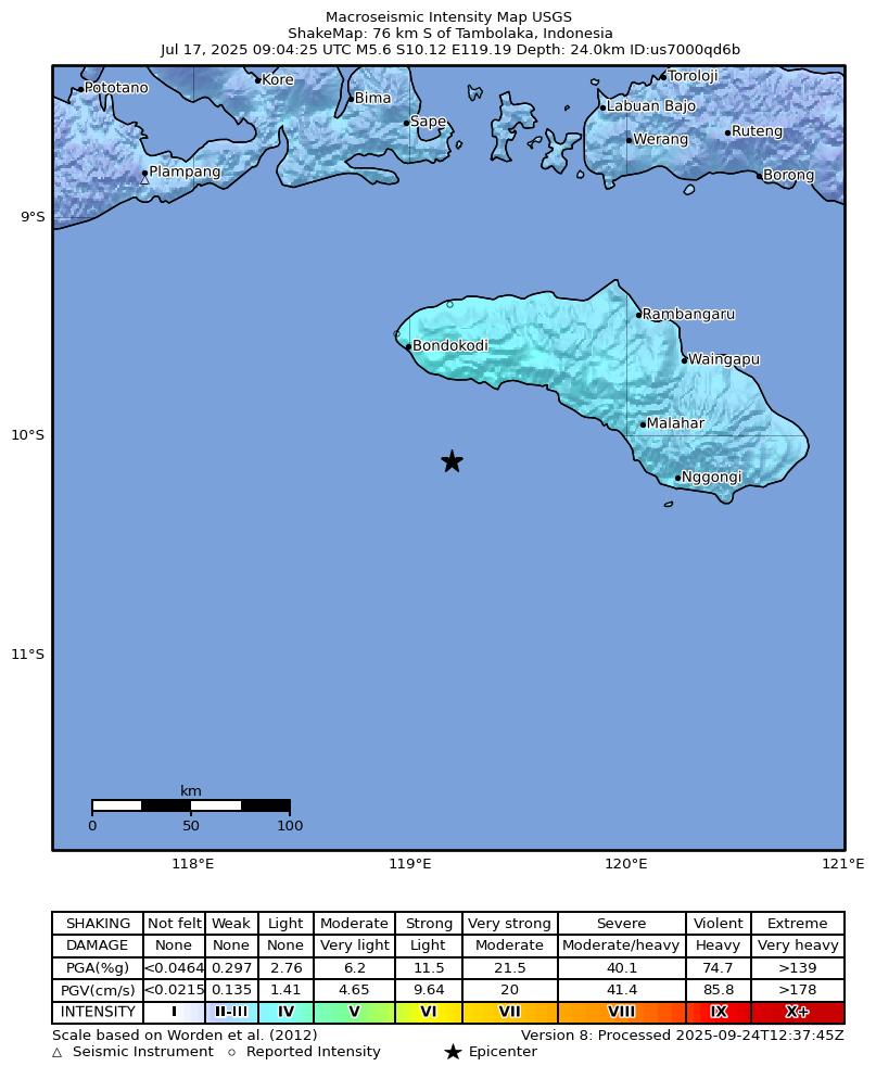USGS ShakeMap intensity contours for the M5.6 earthquake near 76 km S of Tambolaka, Indonesia