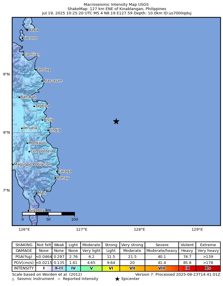 USGS ShakeMap intensity contours for the M5.4 earthquake near 127 km ENE of Kinablangan, Philippines