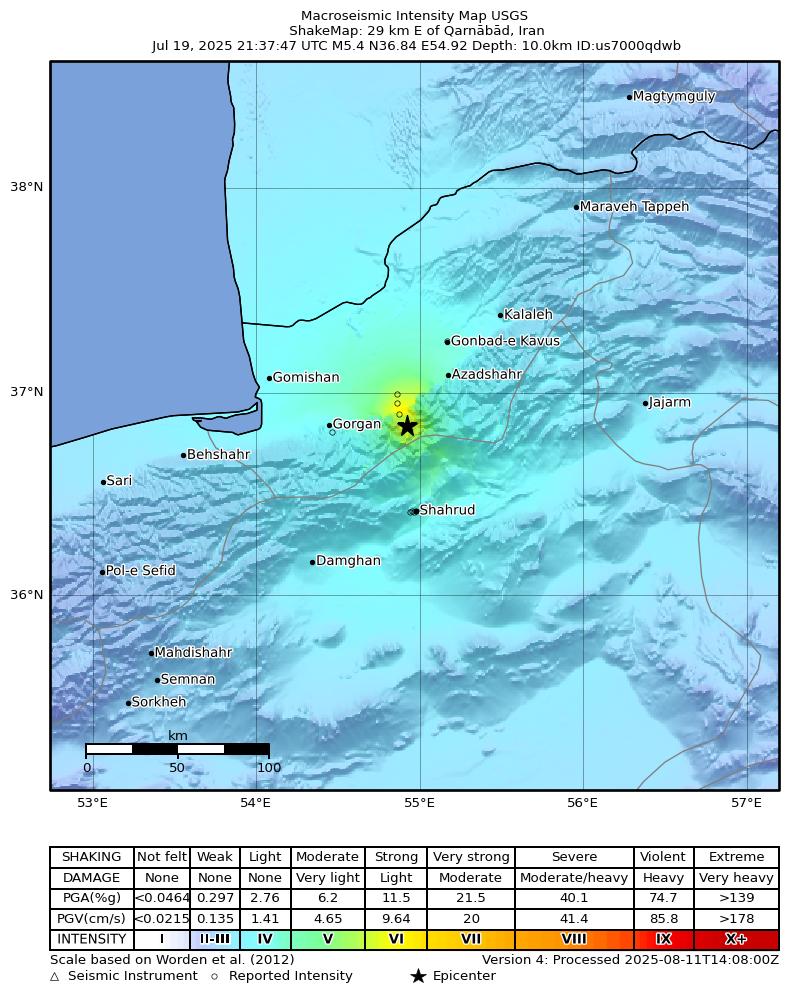 USGS ShakeMap intensity contours for the M5.1 earthquake near 30 km E of Qarnābād, Iran