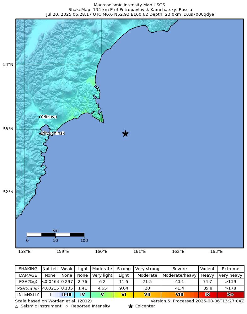 USGS ShakeMap intensity contours for the M6.6 earthquake near 134 km E of Petropavlovsk-Kamchatsky, Russia