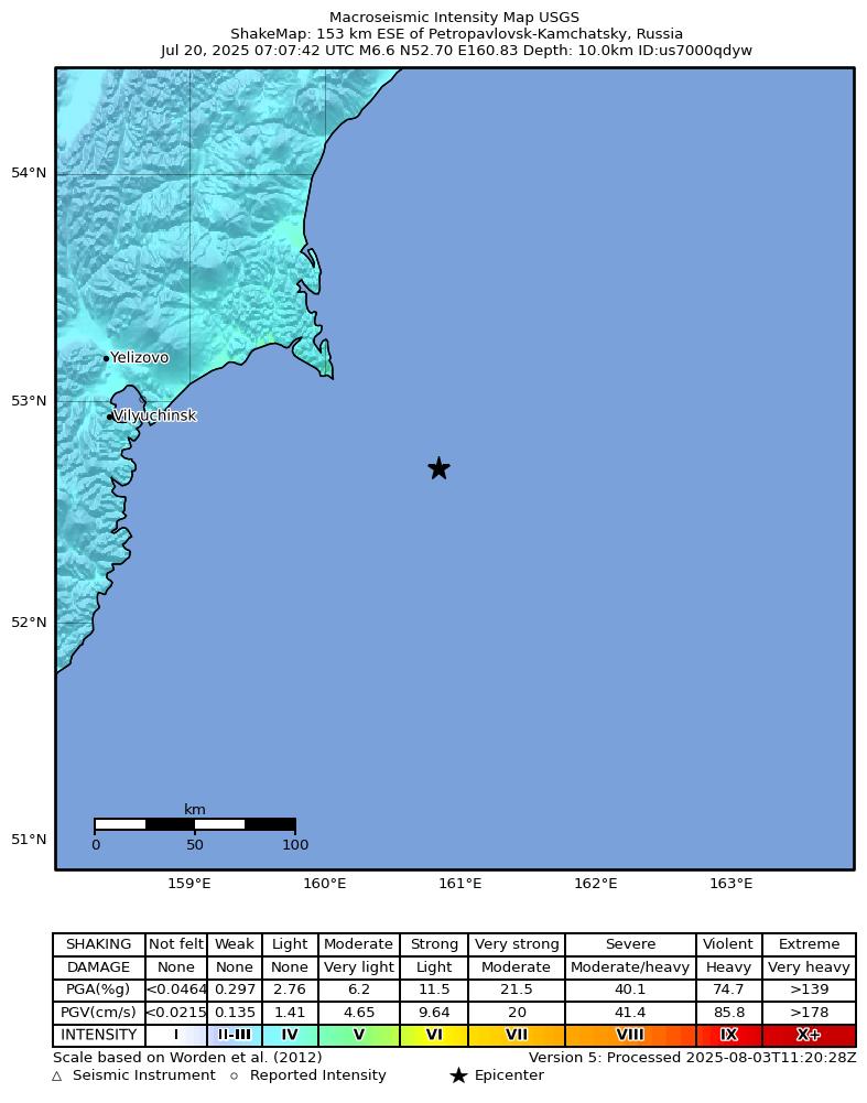 USGS ShakeMap intensity contours for the M6.6 earthquake near 153 km ESE of Petropavlovsk-Kamchatsky, Russia