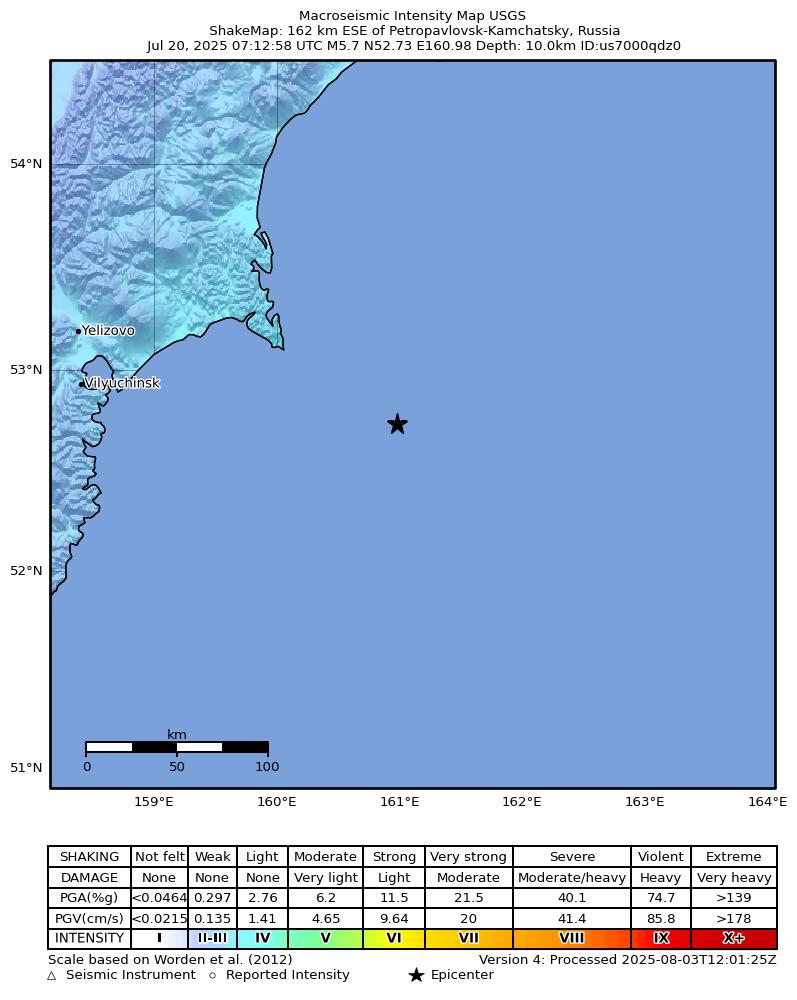USGS ShakeMap intensity contours for the M5.7 earthquake near 162 km ESE of Petropavlovsk-Kamchatsky, Russia