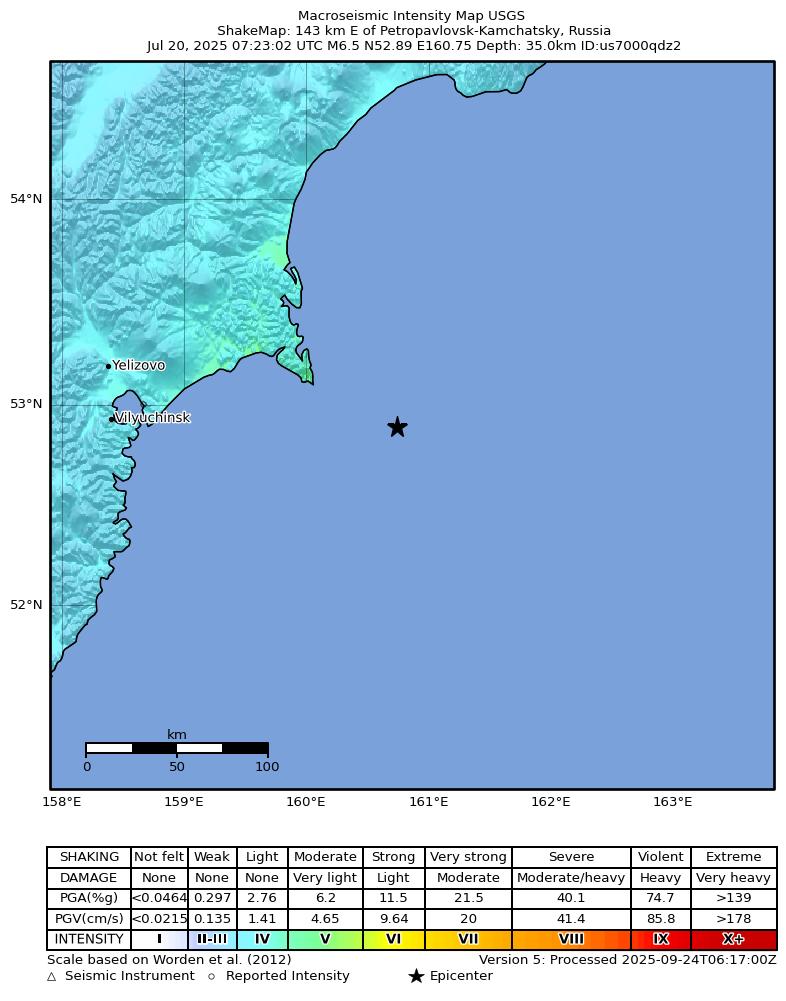 USGS ShakeMap intensity contours for the M6.5 earthquake near 143 km E of Petropavlovsk-Kamchatsky, Russia