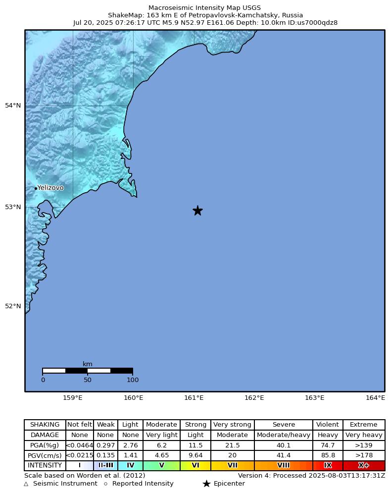 USGS ShakeMap intensity contours for the M5.9 earthquake near 163 km E of Petropavlovsk-Kamchatsky, Russia