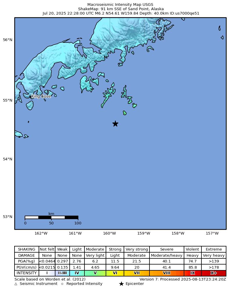 USGS ShakeMap intensity contours for the M6.2 earthquake near 91 km SSE of Sand Point, Alaska