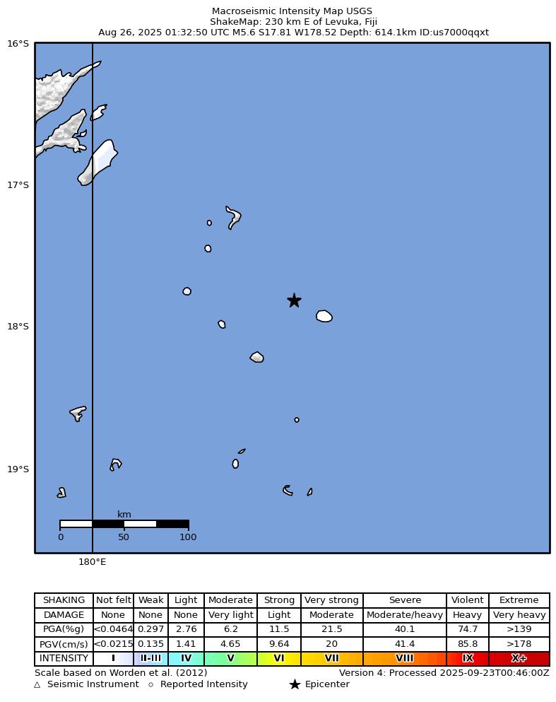 USGS ShakeMap intensity contours for the M5.6 earthquake near 230 km E of Levuka, Fiji
