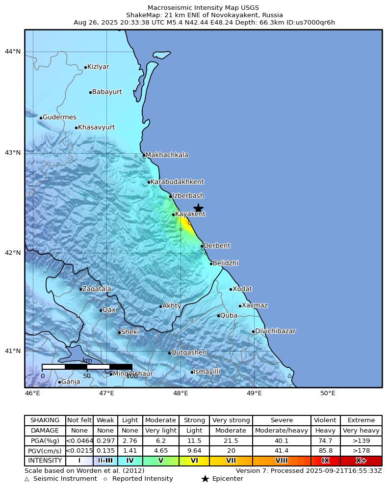 USGS ShakeMap intensity contours for the M5.4 earthquake near 21 km ENE of Novokayakent, Russia