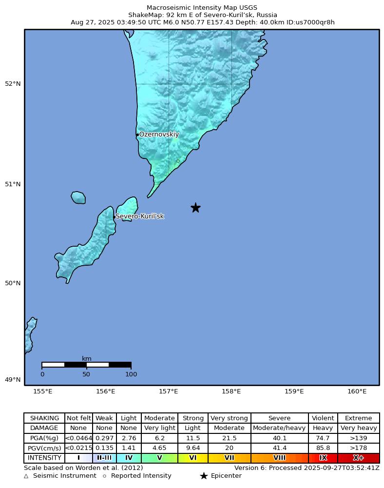 USGS ShakeMap intensity contours for the M6.0 earthquake near 92 km E of Severo-Kuril’sk, Russia
