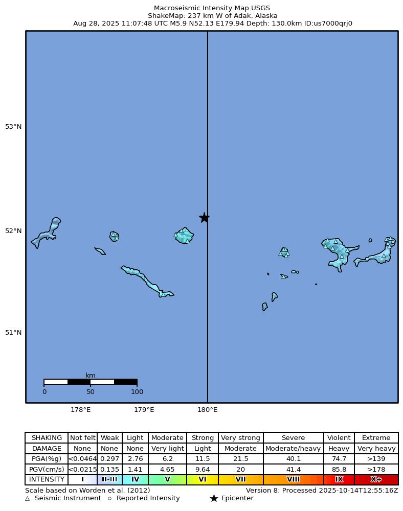 USGS ShakeMap intensity contours for the M5.9 earthquake near 237 km W of Adak, Alaska
