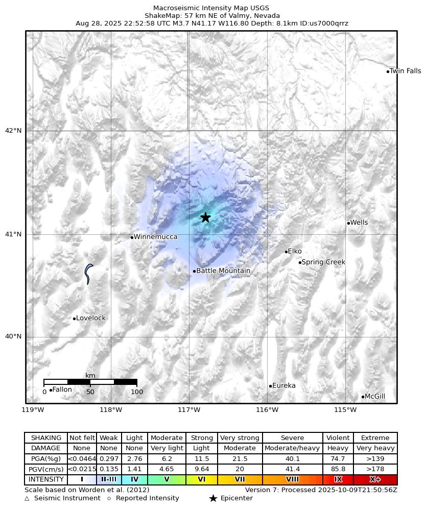 USGS ShakeMap intensity contours for the M3.6 earthquake near 57 km NE of Valmy, Nevada