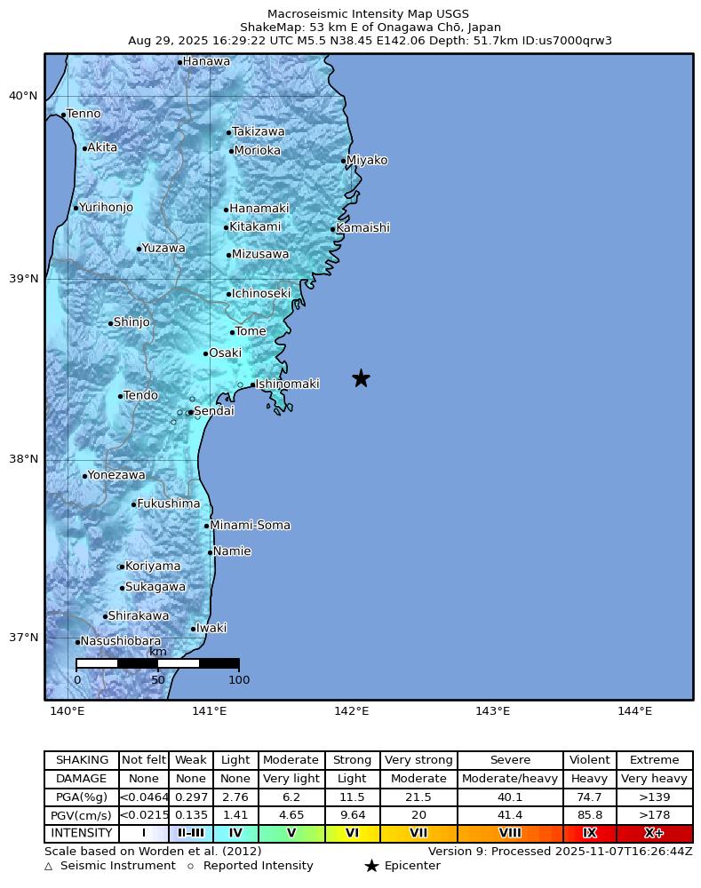 USGS ShakeMap intensity contours for the M5.5 earthquake near 53 km E of Onagawa Chō, Japan