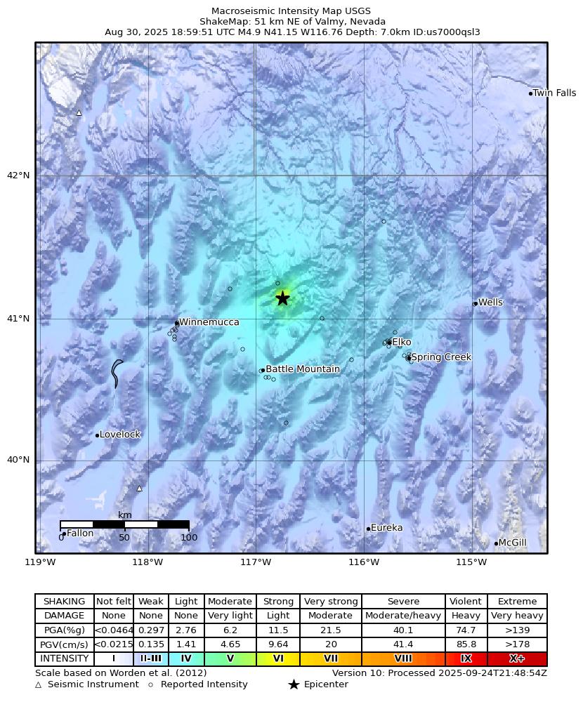 USGS ShakeMap intensity contours for the M4.8 earthquake near 51 km NE of Valmy, Nevada