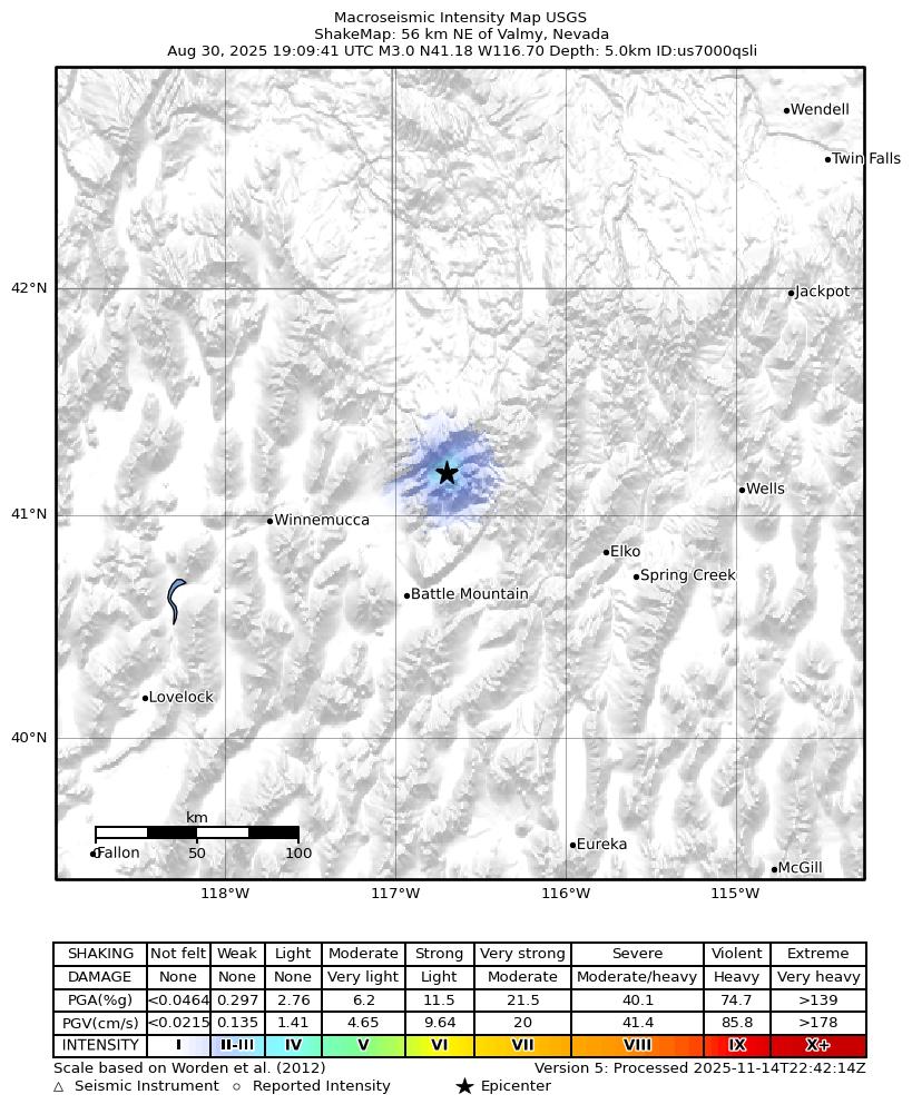 USGS ShakeMap intensity contours for the M3.1 earthquake near 56 km NE of Valmy, Nevada
