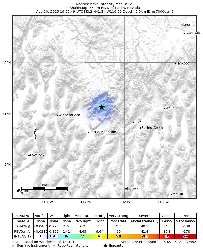 USGS ShakeMap intensity contours for the M3.1 earthquake near 55 km NNW of Carlin, Nevada