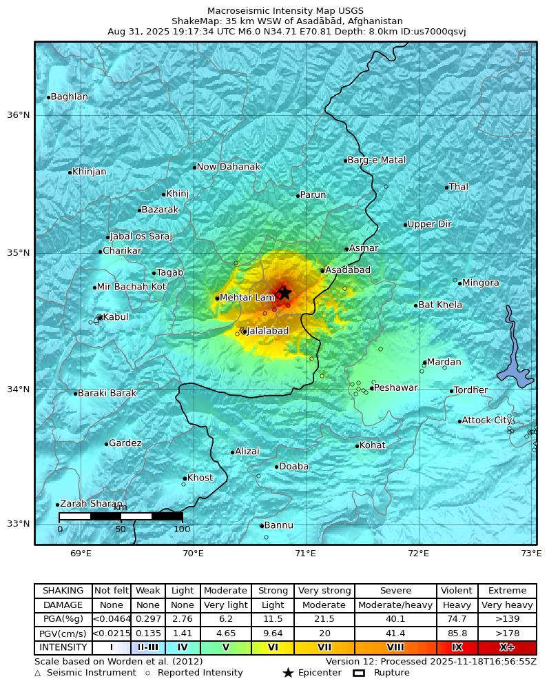 USGS ShakeMap intensity contours for the M6.0 earthquake near 35 km WSW of Asadābād, Afghanistan