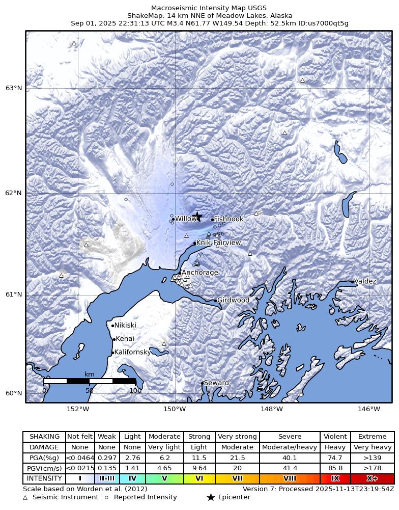 USGS ShakeMap intensity contours for the M3.2 earthquake near 14 km NNE of Meadow Lakes, Alaska