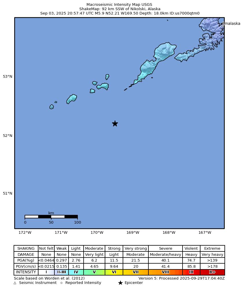 USGS ShakeMap intensity contours for the M5.9 earthquake near 92 km SSW of Nikolski, Alaska