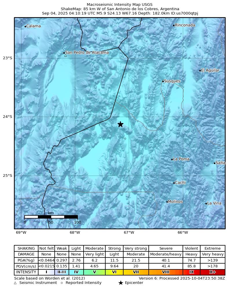 USGS ShakeMap intensity contours for the M5.9 earthquake near 85 km W of San Antonio de los Cobres, Argentina