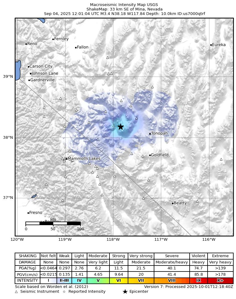 USGS ShakeMap: estimated shaking intensity around the epicenter