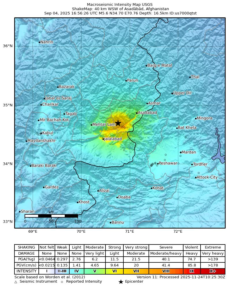 USGS ShakeMap intensity contours for the M5.6 earthquake near 40 km WSW of Asadābād, Afghanistan