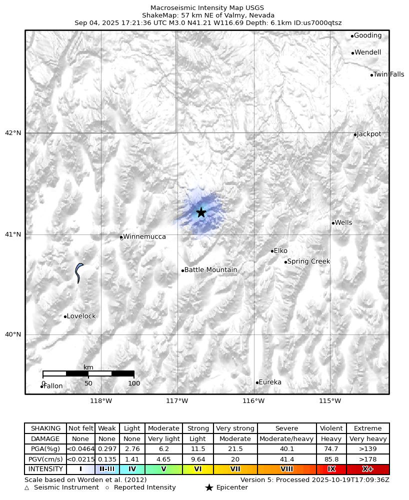 USGS ShakeMap intensity contours for the M3.0 earthquake near 57 km NE of Valmy, Nevada