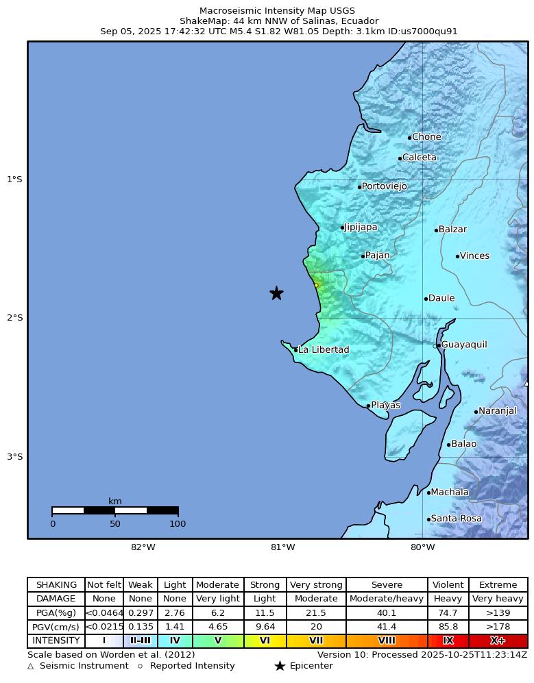 USGS ShakeMap intensity contours for the M5.4 earthquake near 44 km NNW of Salinas, Ecuador