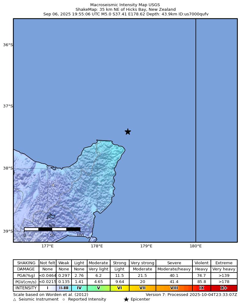 USGS ShakeMap intensity contours for the M5.0 earthquake near 35 km NE of Hicks Bay, New Zealand