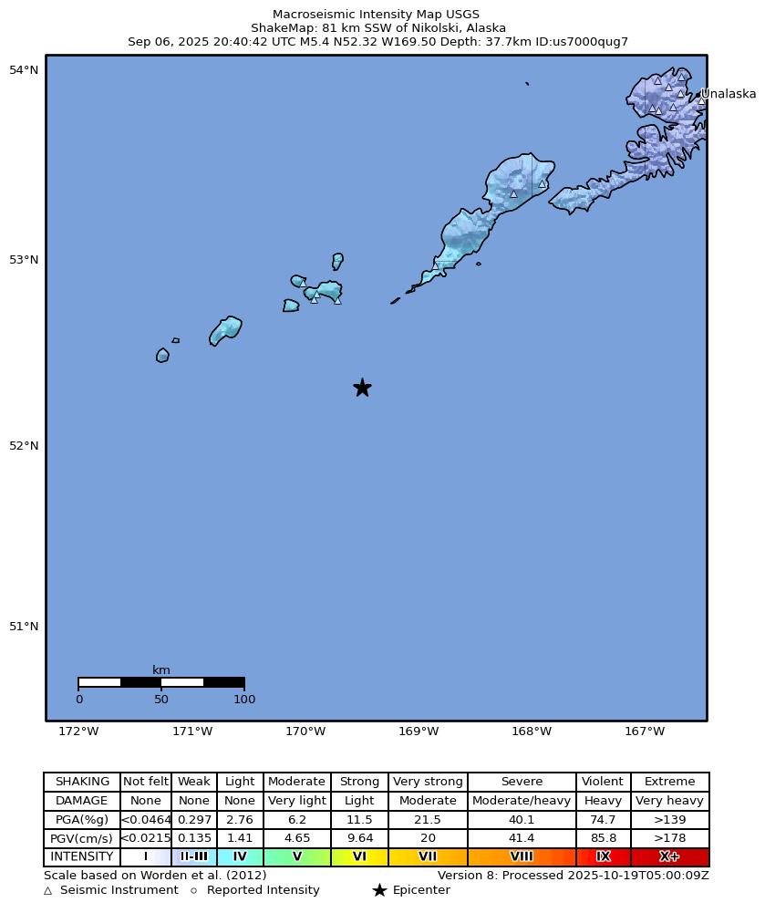 USGS ShakeMap intensity contours for the M5.4 earthquake near 81 km SSW of Nikolski, Alaska