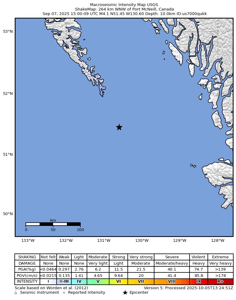 USGS ShakeMap intensity contours for the M4.1 earthquake near 264 km WNW of Port McNeill, Canada